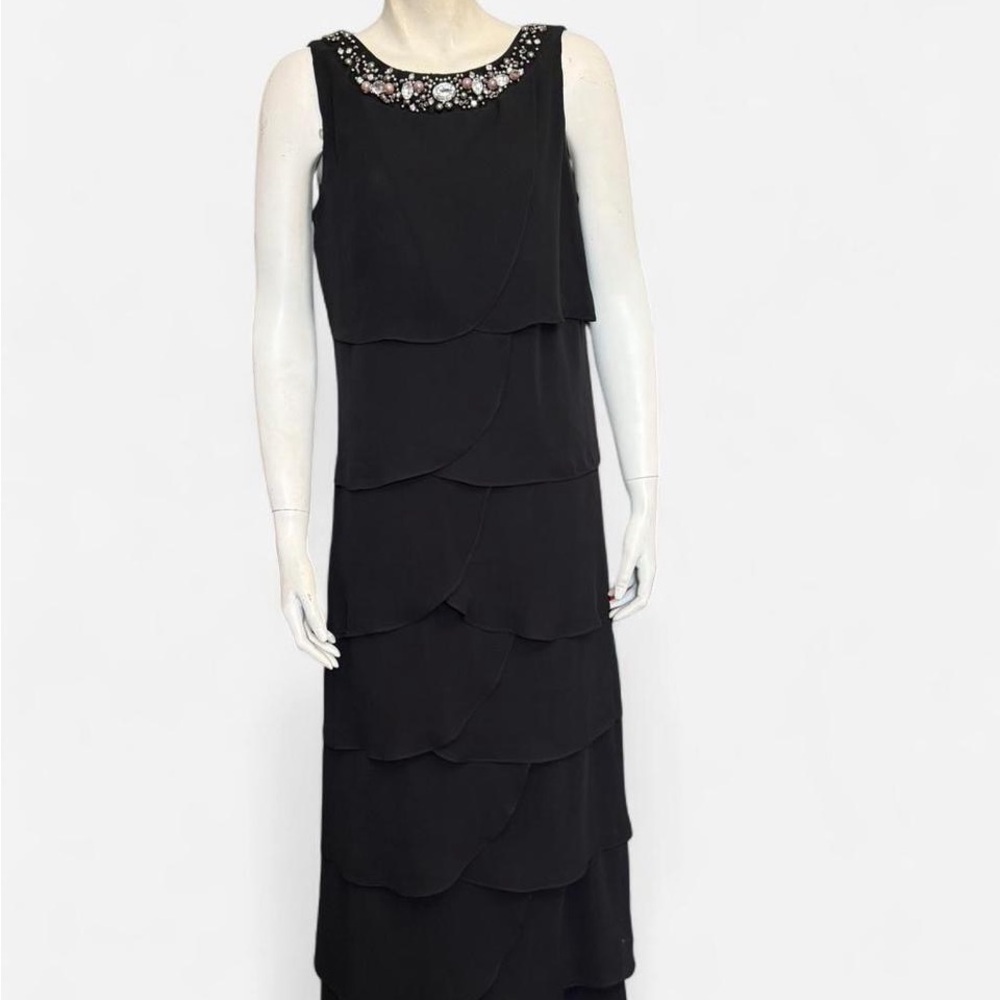 Formal Party Dress R&M Richards Black Layered Maxi Dress w/ Embellished Neckline